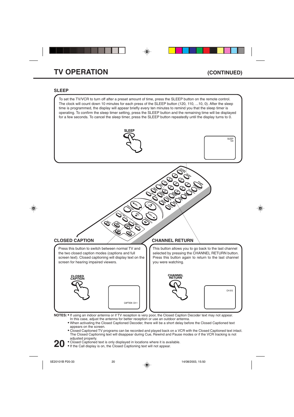 Tv operation, Continued), Sleep | Closed caption, Channel return | Toshiba MV19N2/W User Manual | Page 22 / 56