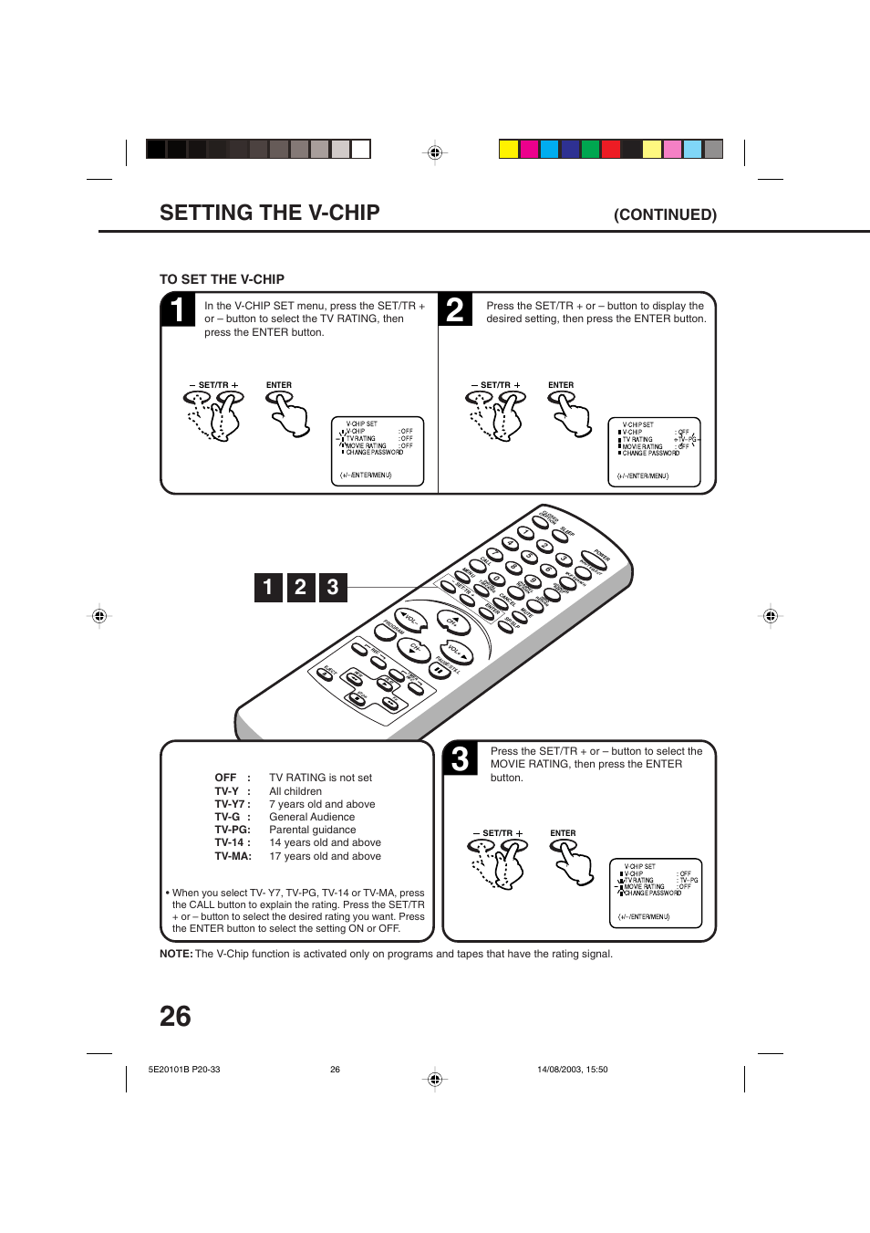 Setting the v-chip, Continued) | Toshiba MV19N2/W User Manual | Page 28 / 56