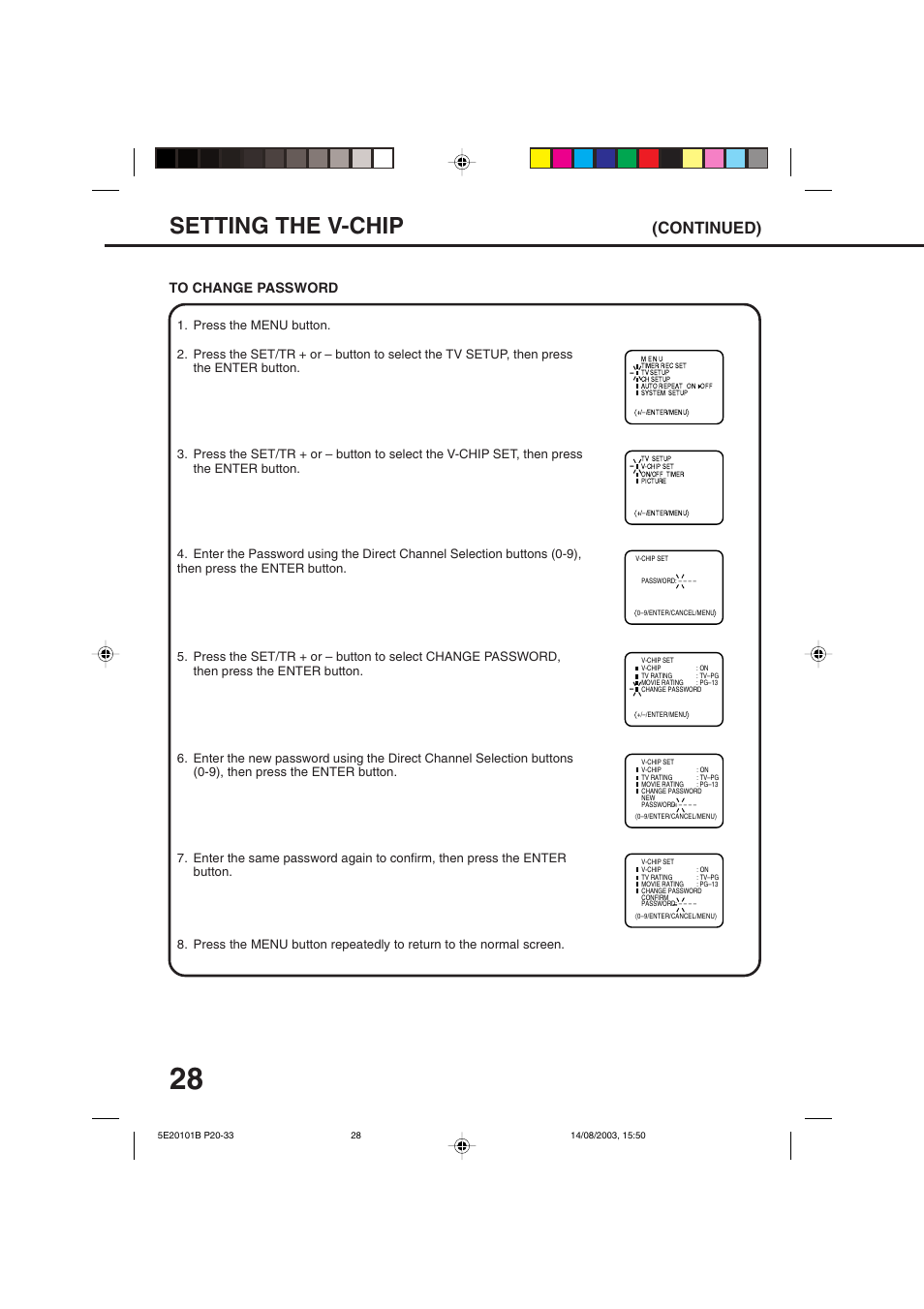 Setting the v-chip, Continued) | Toshiba MV19N2/W User Manual | Page 30 / 56