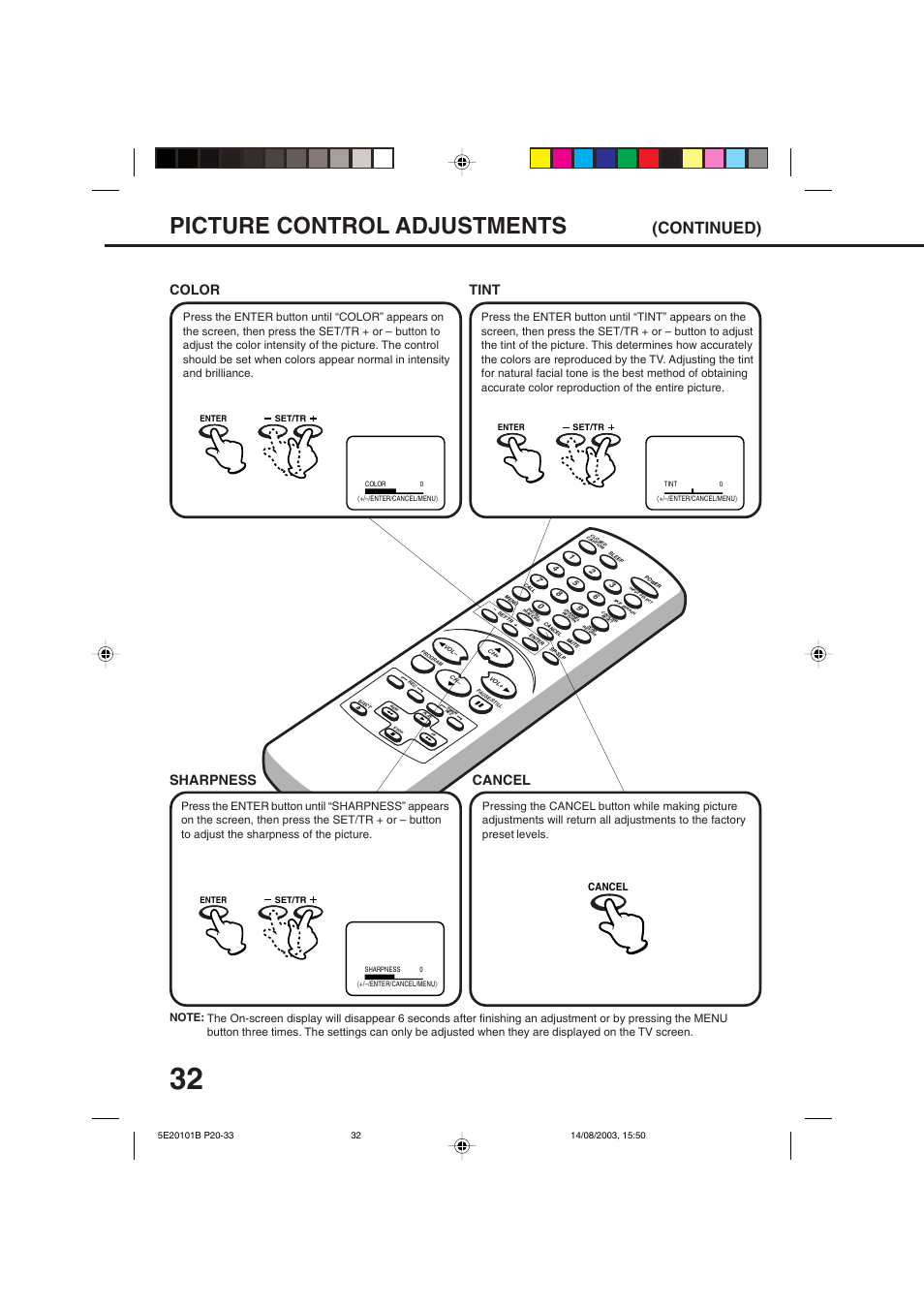 Picture control adjustments, Continued), Sharpness color tint | Cancel | Toshiba MV19N2/W User Manual | Page 34 / 56