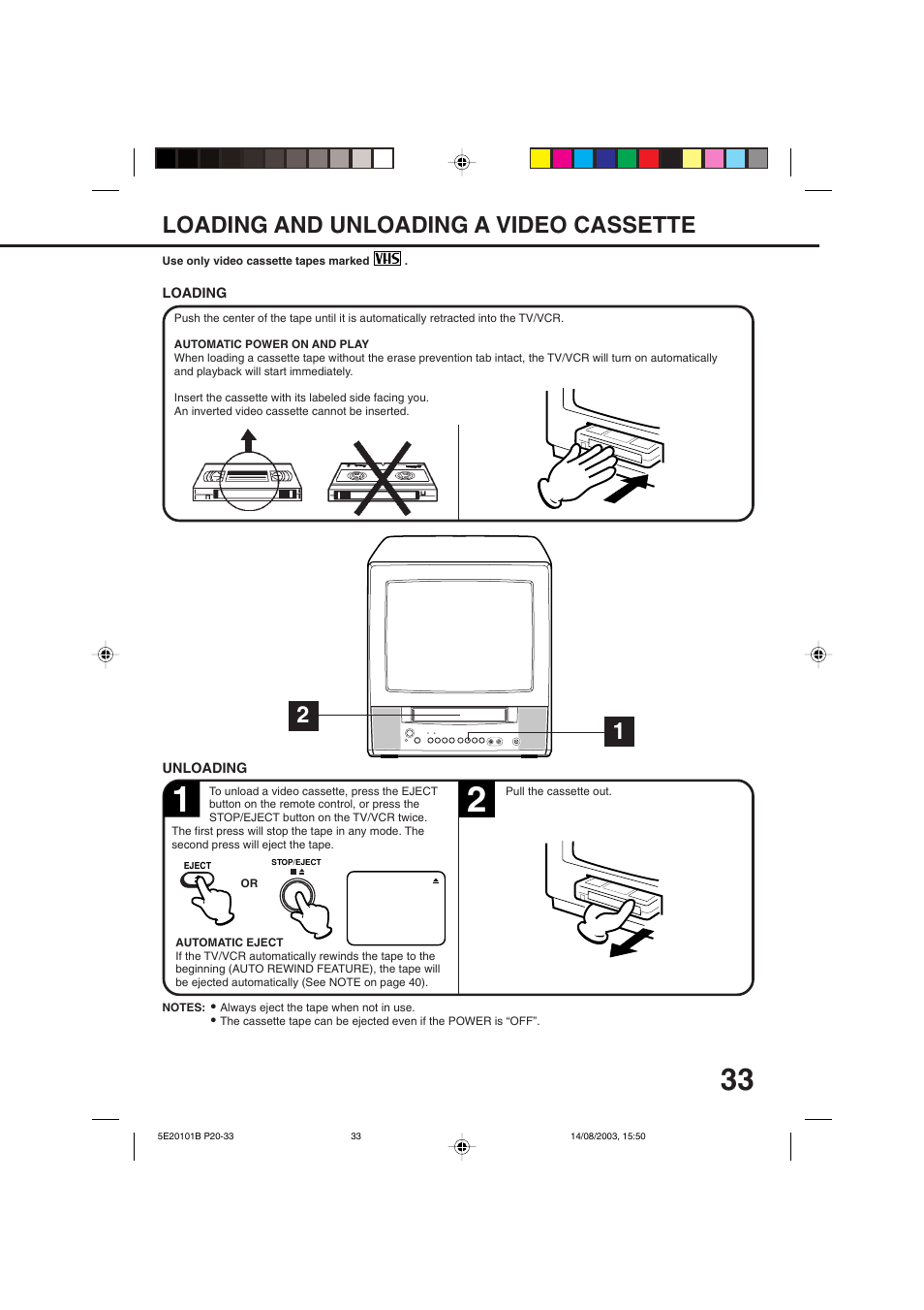 Playback, Loading/unloading a video cassette, Loading and unloading a video cassette | Toshiba MV19N2/W User Manual | Page 35 / 56