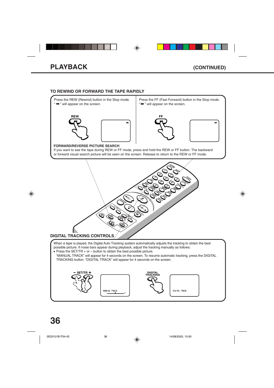 Playback, Continued), Digital tracking controls | Toshiba MV19N2/W User Manual | Page 38 / 56