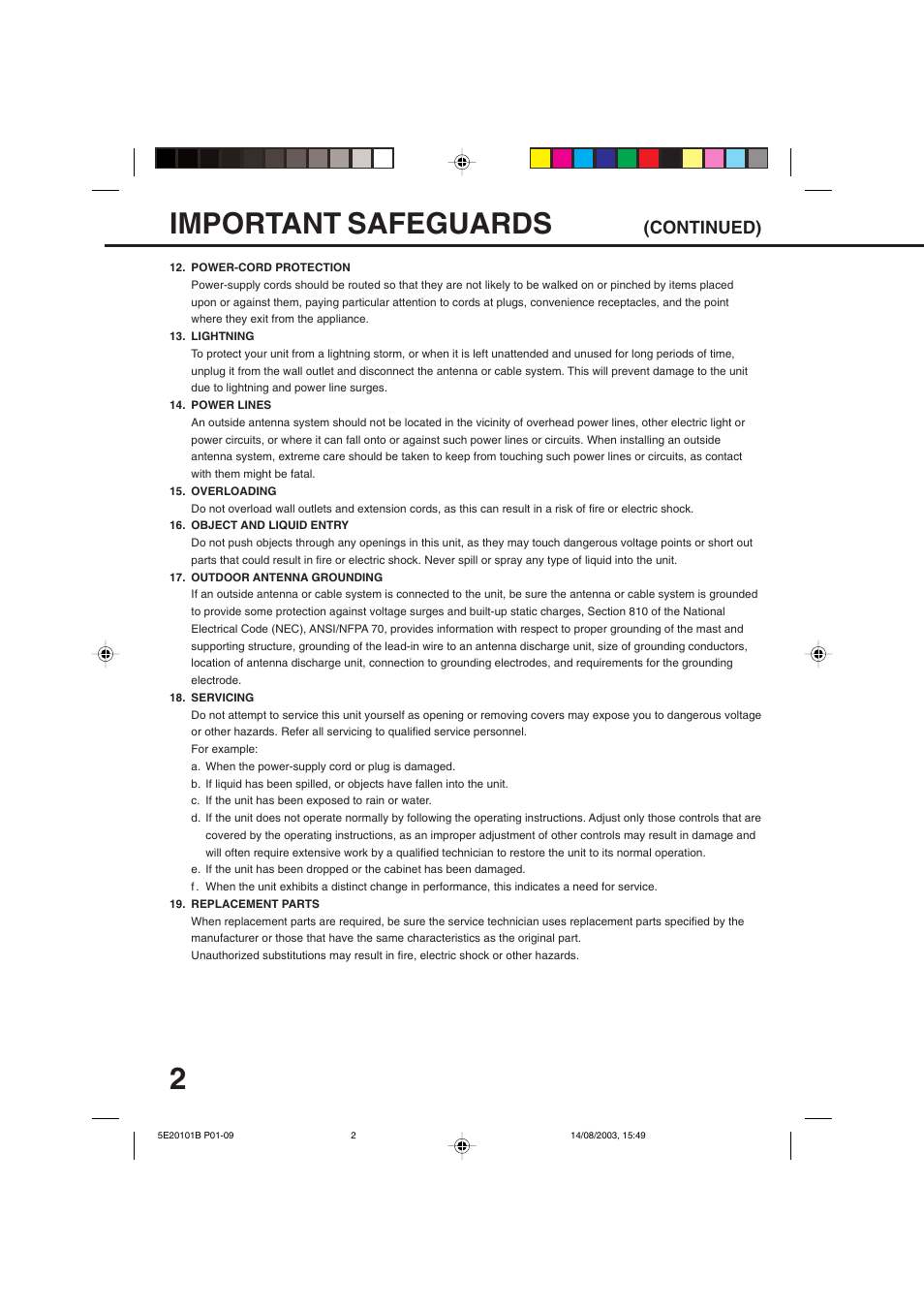 Important safeguards, Continued) | Toshiba MV19N2/W User Manual | Page 4 / 56