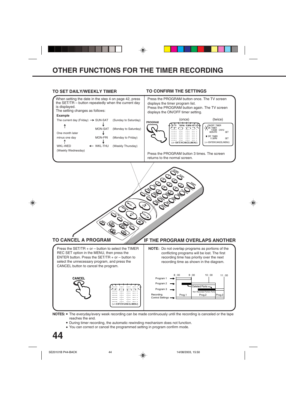 Other functions for the timer recording, If the program overlaps another, Cancel | Once) (twice) | Toshiba MV19N2/W User Manual | Page 46 / 56