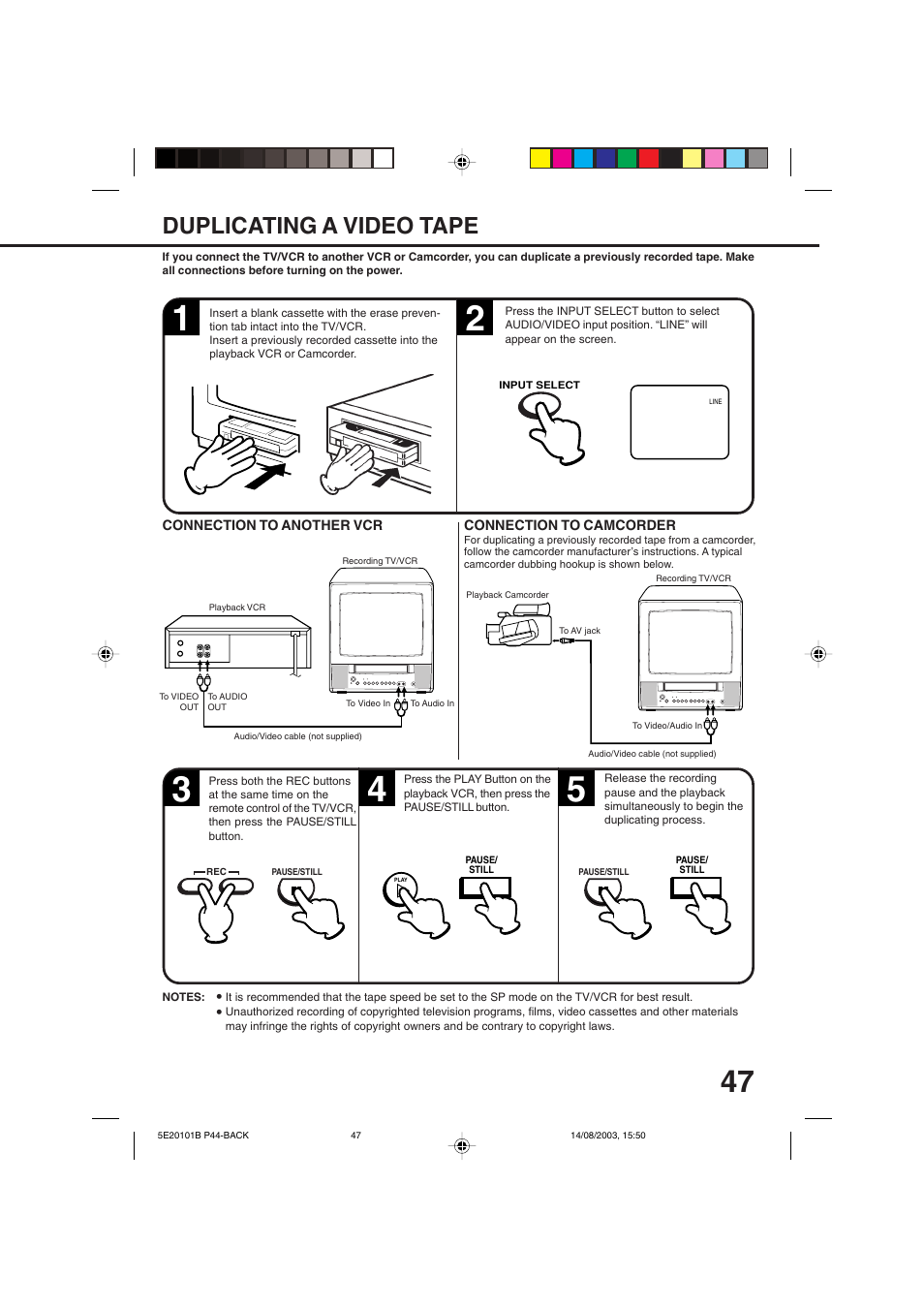 Duplicating a video tape | Toshiba MV19N2/W User Manual | Page 49 / 56