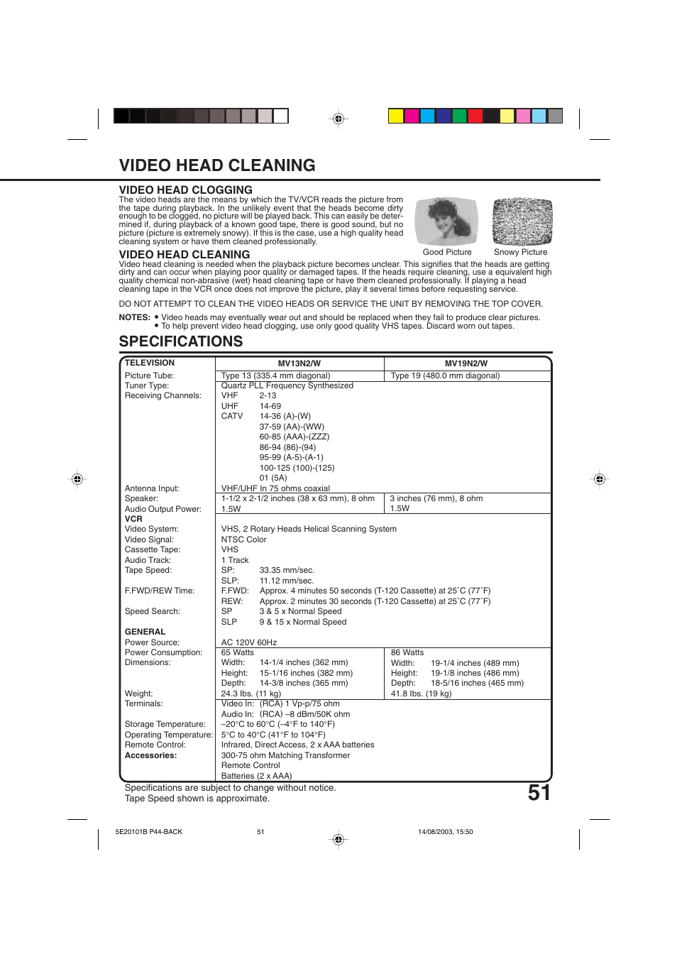 Video head cleaning/specifications, Video head cleaning, Specifications | Toshiba MV19N2/W User Manual | Page 53 / 56