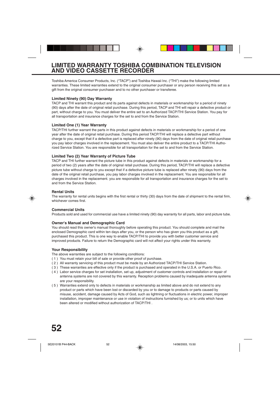 Limited warranty | Toshiba MV19N2/W User Manual | Page 54 / 56