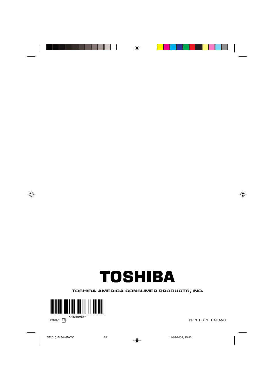 Back cover | Toshiba MV19N2/W User Manual | Page 56 / 56