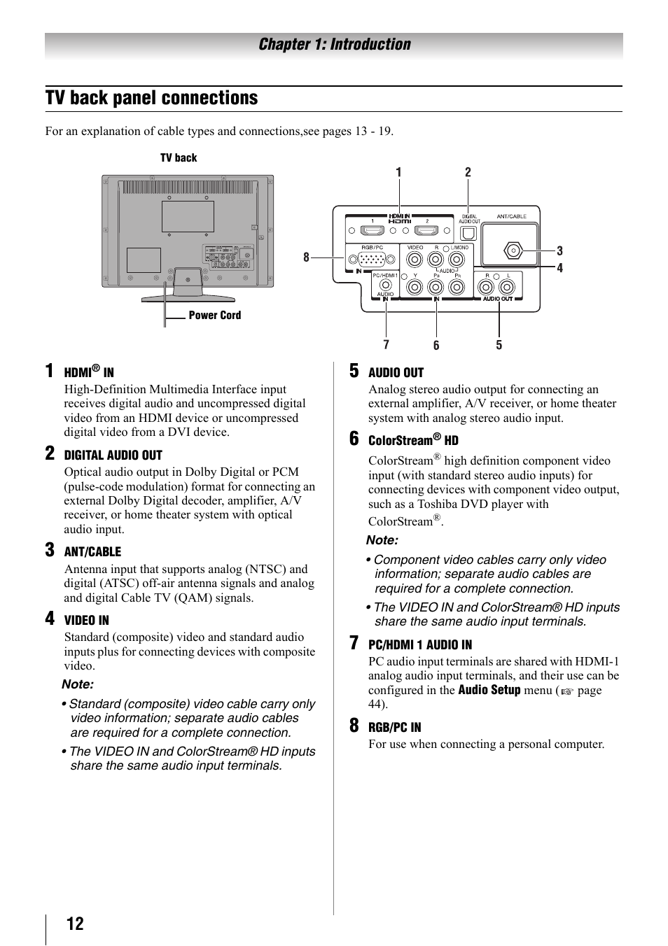 Tv back panel connections | Toshiba 32SL410U User Manual | Page 12 / 62