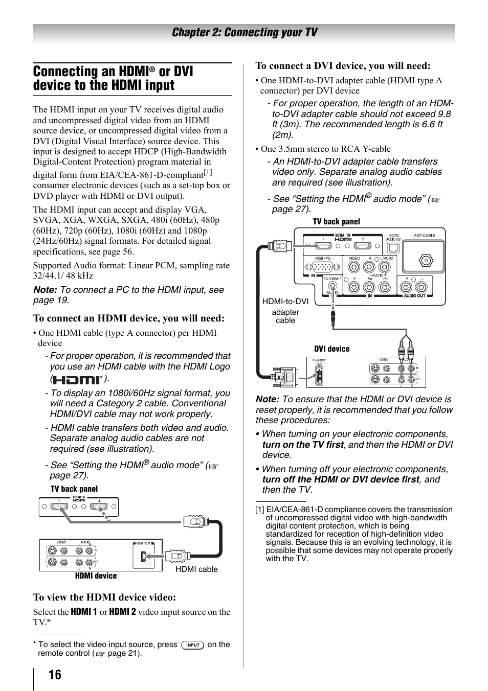 Connecting an hdmi® or dvi device to the, 16 an, Connecting an hdmi | Or dvi device to the hdmi input, Chapter 2: connecting your tv | Toshiba 32SL410U User Manual | Page 16 / 62