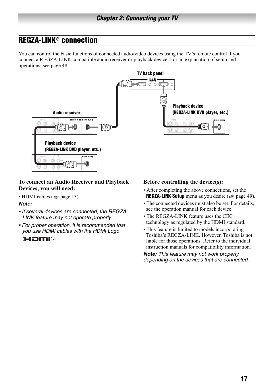 Regza-link® connection, Regza-link, Connection | Toshiba 32SL410U User Manual | Page 17 / 62