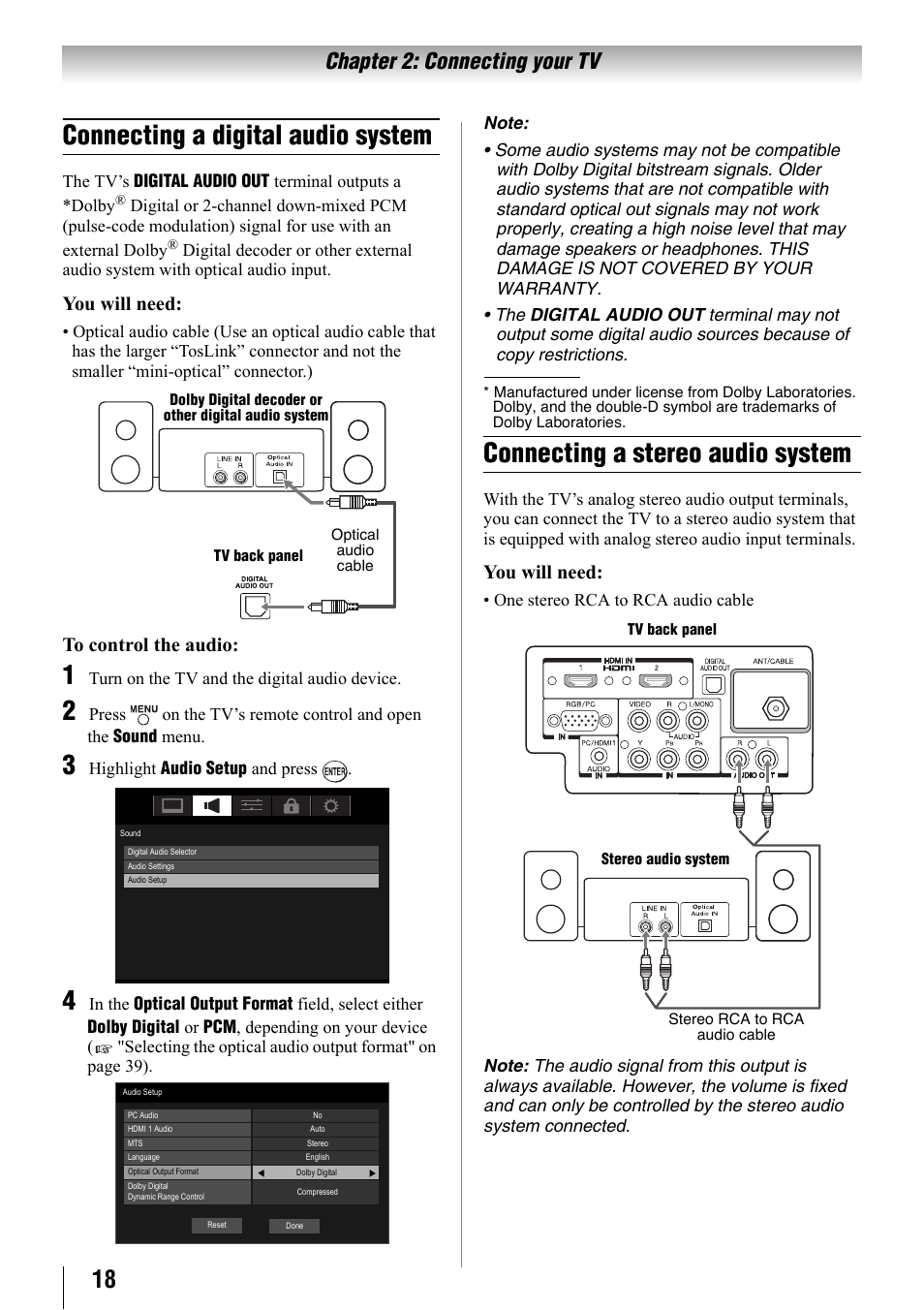 Connecting a digital audio system, Connecting a stereo audio system, Chapter 2: connecting your tv | You will need | Toshiba 32SL410U User Manual | Page 18 / 62