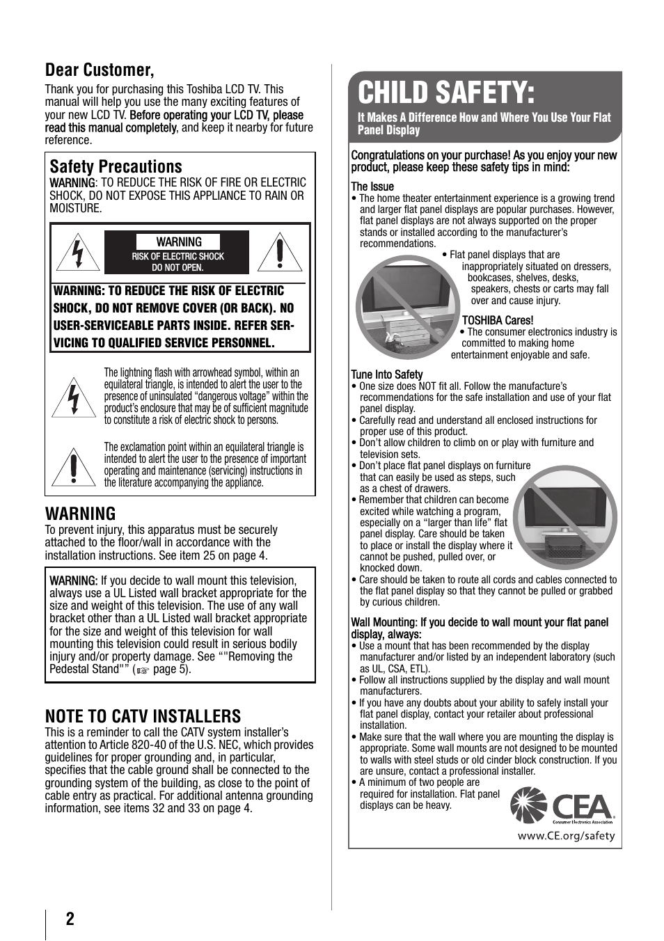 Child safety, 2dear customer, Warning | Safety precautions | Toshiba 32SL410U User Manual | Page 2 / 62