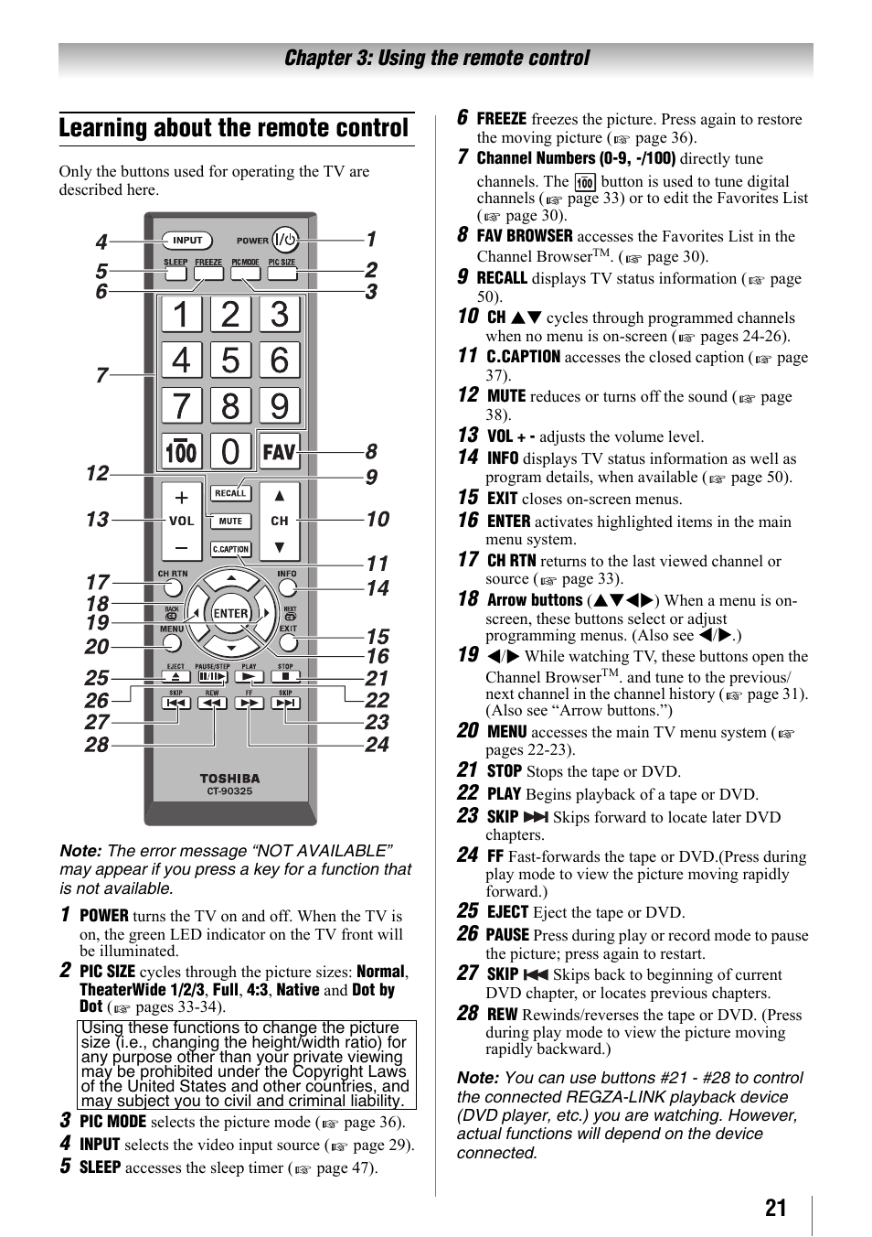 Learning about the remote control, See "learning about the remote control | Toshiba 32SL410U User Manual | Page 21 / 62