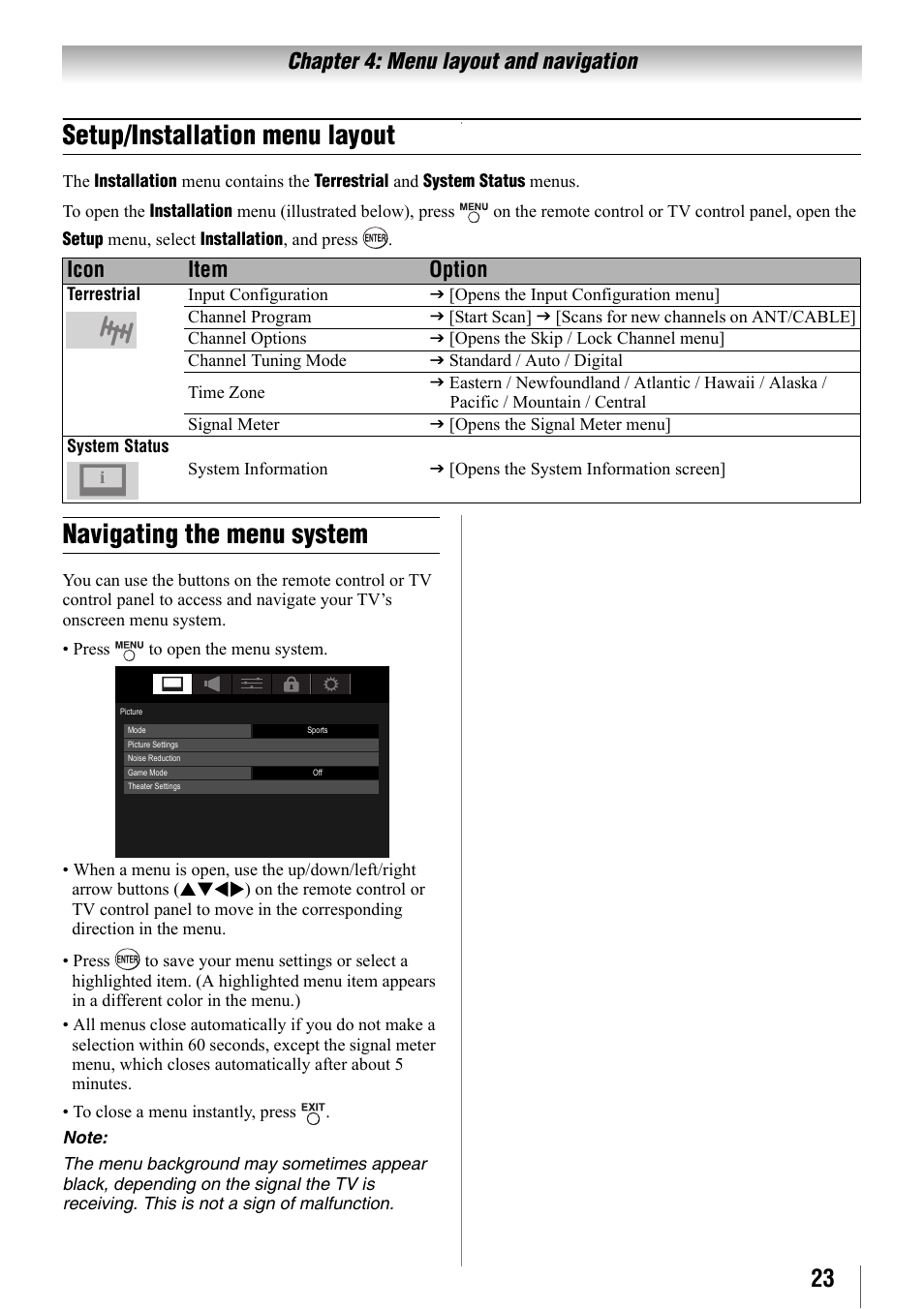 Setup/installation menu layout, Navigating the menu system, Chapter 4: menu layout and navigation | Icon item option | Toshiba 32SL410U User Manual | Page 23 / 62