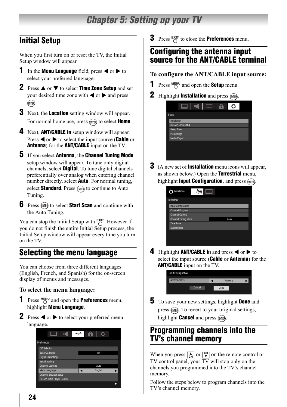 Chapter 5: setting up your tv, Initial setup, Selecting the menu language | Programming channels into the tv’s channel memory, Configuring the antenna input source for the | Toshiba 32SL410U User Manual | Page 24 / 62
