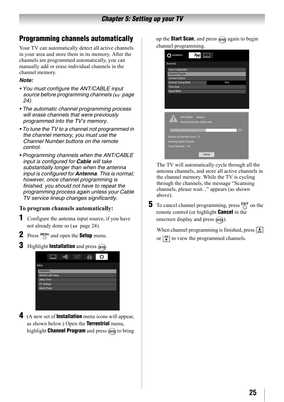 Programming channels automatically, Chapter 5: setting up your tv | Toshiba 32SL410U User Manual | Page 25 / 62