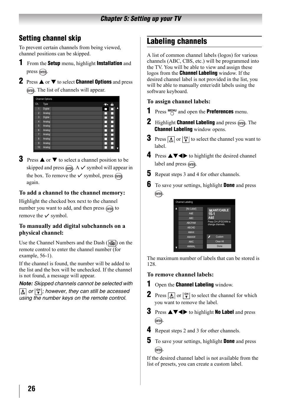 Setting channel skip, Labeling channels, Chapter 5: setting up your tv | Toshiba 32SL410U User Manual | Page 26 / 62