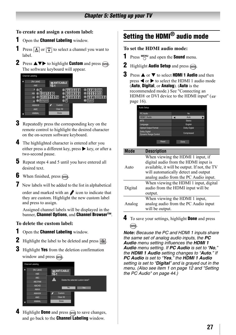 Setting the hdmi® audio mode, E 27), Ge 27) | Setting the hdmi, Audio mode, Chapter 5: setting up your tv | Toshiba 32SL410U User Manual | Page 27 / 62