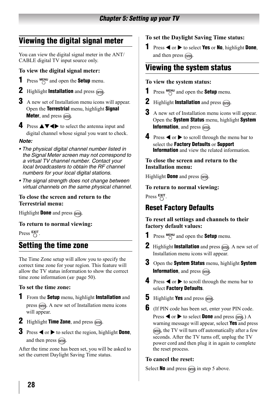 Viewing the digital signal meter, Setting the time zone, Viewing the system status | Reset factory defaults | Toshiba 32SL410U User Manual | Page 28 / 62