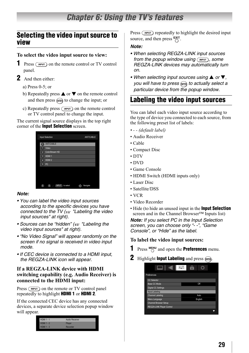 Chapter 6: using the tv’s features, Selecting the video input source to view, Labeling the video input sources | Toshiba 32SL410U User Manual | Page 29 / 62