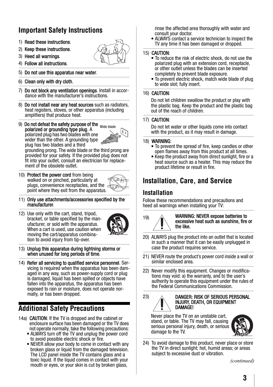 3important safety instructions, Additional safety precautions, Installation, care, and service | Installation | Toshiba 32SL410U User Manual | Page 3 / 62
