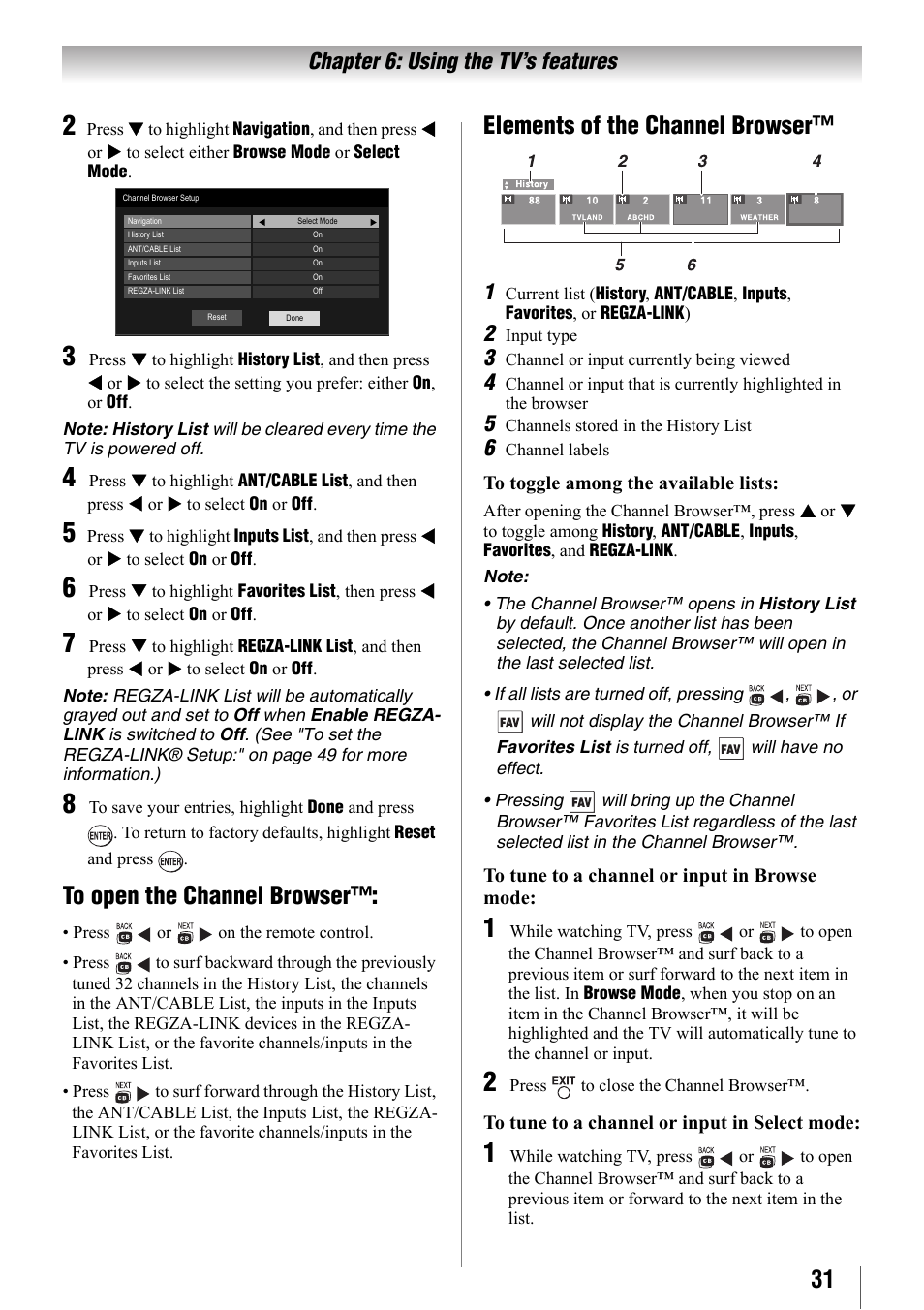 To open the channel browser, Elements of the channel browser, Chapter 6: using the tv’s features | Toshiba 32SL410U User Manual | Page 31 / 62