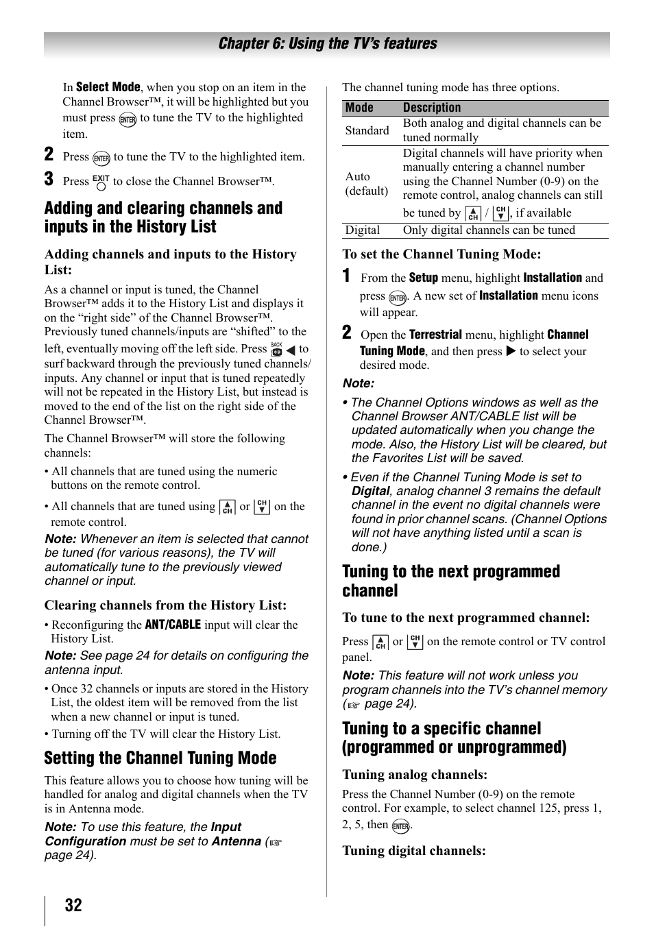 Setting the channel tuning mode, Tuning to the next programmed channel, Adding and clearing channels and inputs in the | Tuning to a specific channel (programmed or, Unprogrammed) | Toshiba 32SL410U User Manual | Page 32 / 62