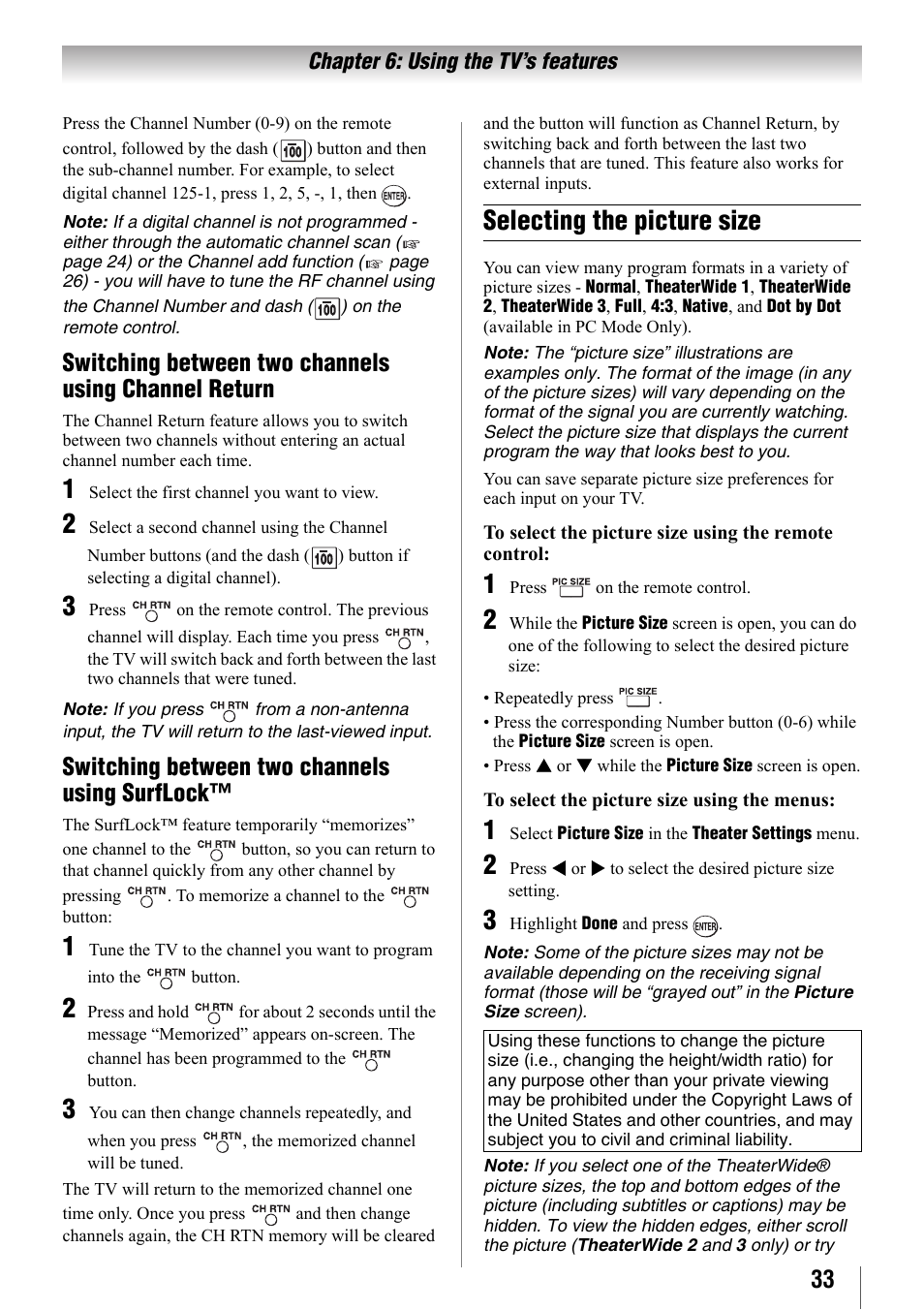 Switching between two channels using surflock, Selecting the picture size, Switching between two channels using channel | Switching between two channels using surflock™. 33 | Toshiba 32SL410U User Manual | Page 33 / 62