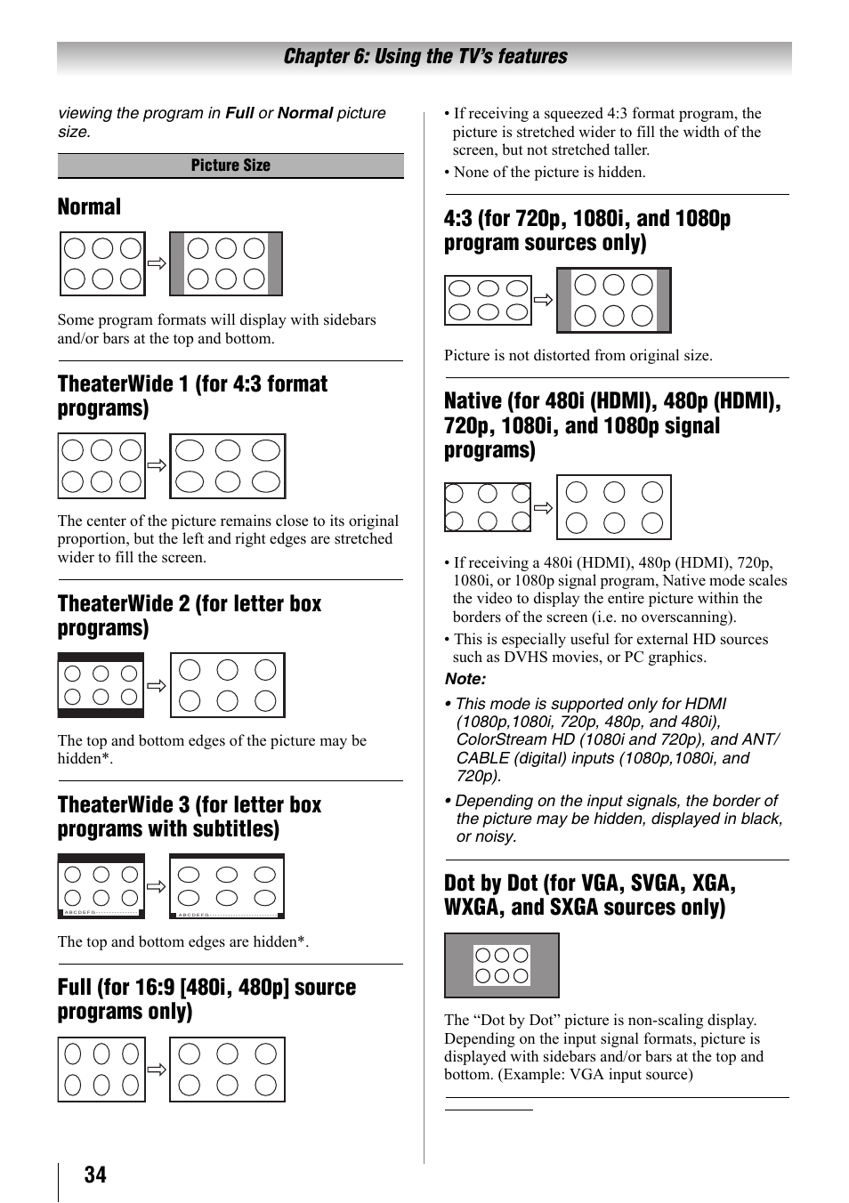 Normal, Theaterwide 1 (for 4:3 format programs), Theaterwide 2 (for letter box programs) | Chapter 6: using the tv’s features | Toshiba 32SL410U User Manual | Page 34 / 62