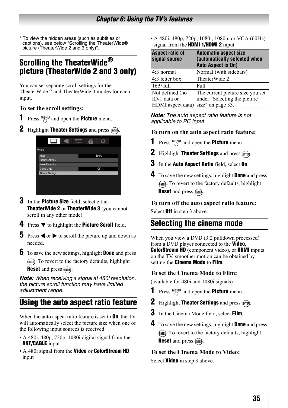 Using the auto aspect ratio feature, Selecting the cinema mode, Scrolling the theaterwide | Picture (theaterwide 2 and 3 only) | Toshiba 32SL410U User Manual | Page 35 / 62