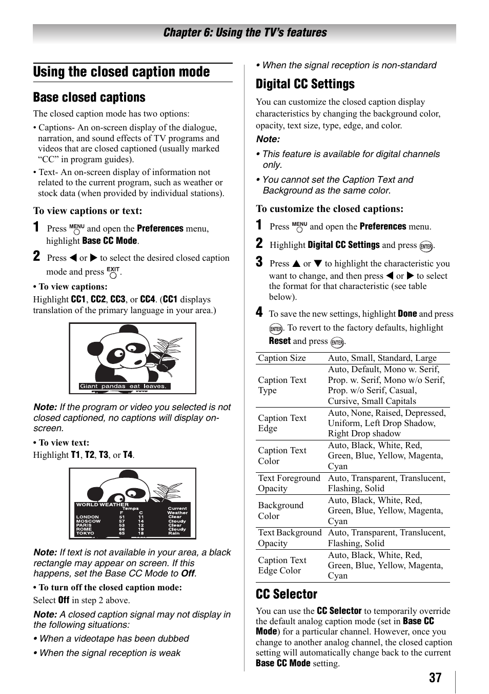 Using the closed caption mode, Base closed captions, Digital cc settings | Cc selector | Toshiba 32SL410U User Manual | Page 37 / 62