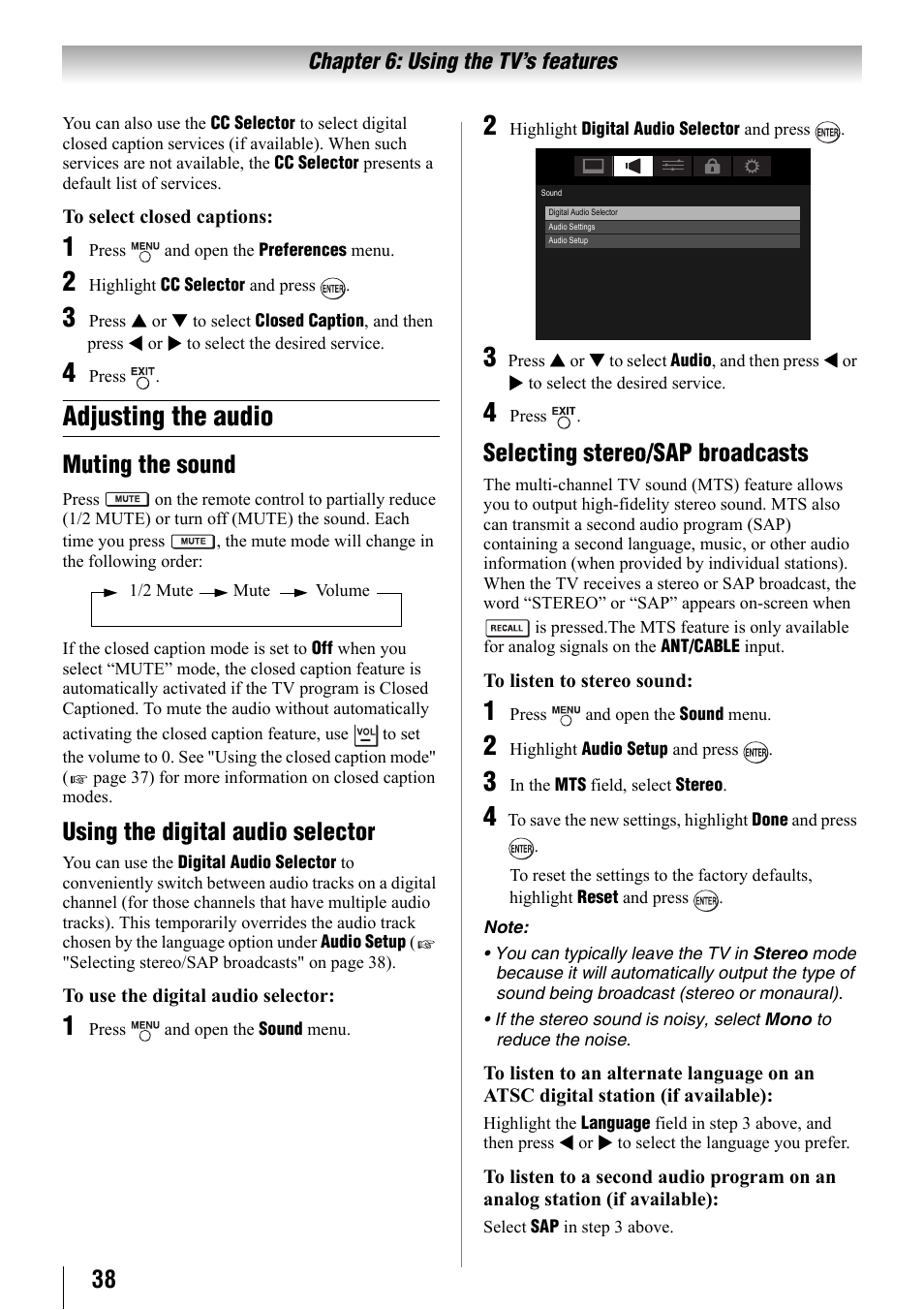 Adjusting the audio, Muting the sound, Using the digital audio selector | Selecting stereo/sap broadcasts | Toshiba 32SL410U User Manual | Page 38 / 62