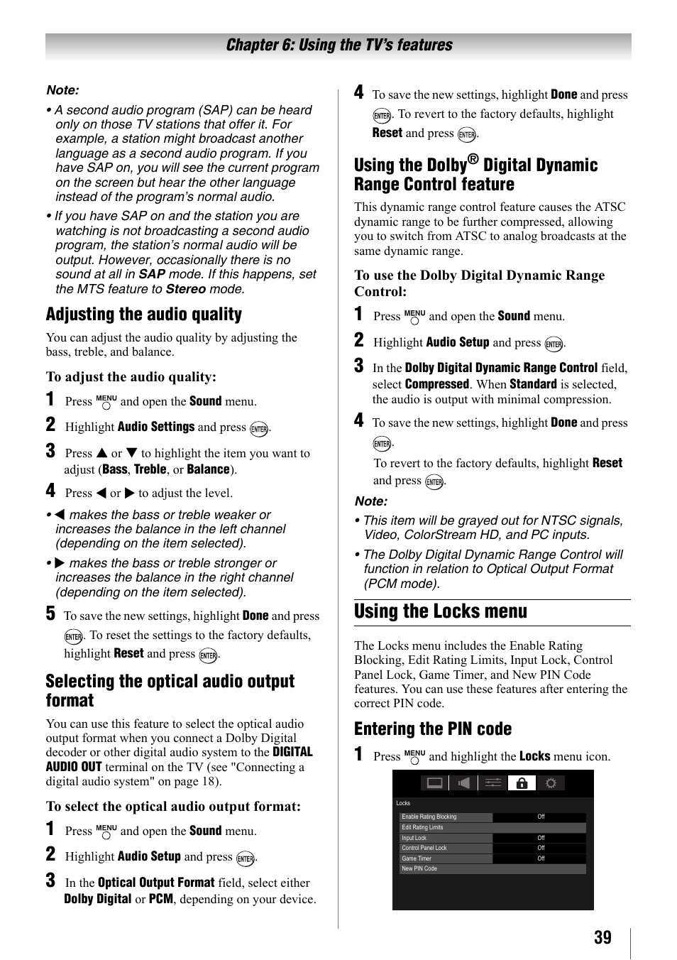 Adjusting the audio quality, Selecting the optical audio output format, Using the locks menu | Entering the pin code, Using the dolby® digital dynamic range control, Feature, Using the dolby, Digital dynamic range control feature | Toshiba 32SL410U User Manual | Page 39 / 62