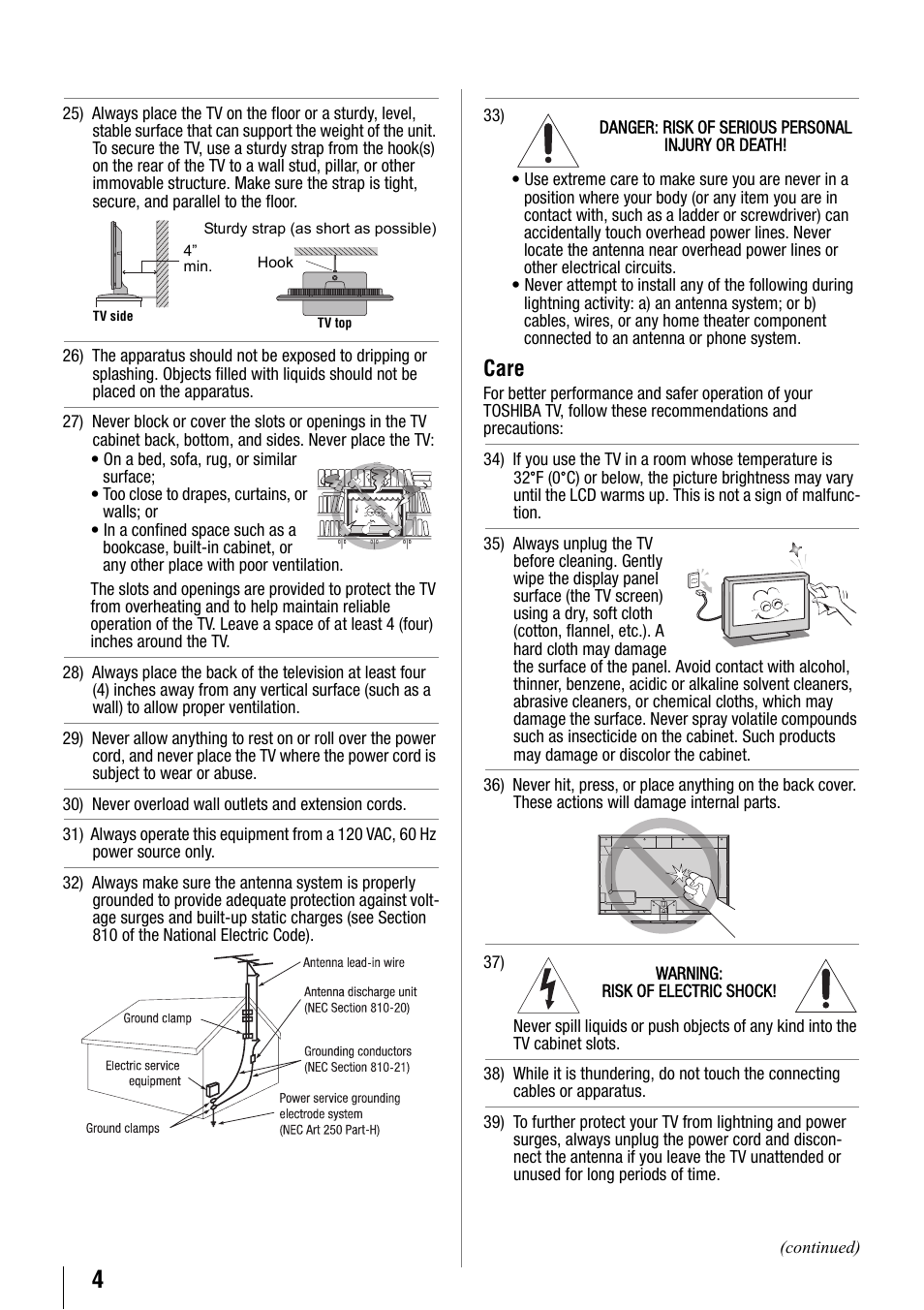 Ge 4, Care | Toshiba 32SL410U User Manual | Page 4 / 62