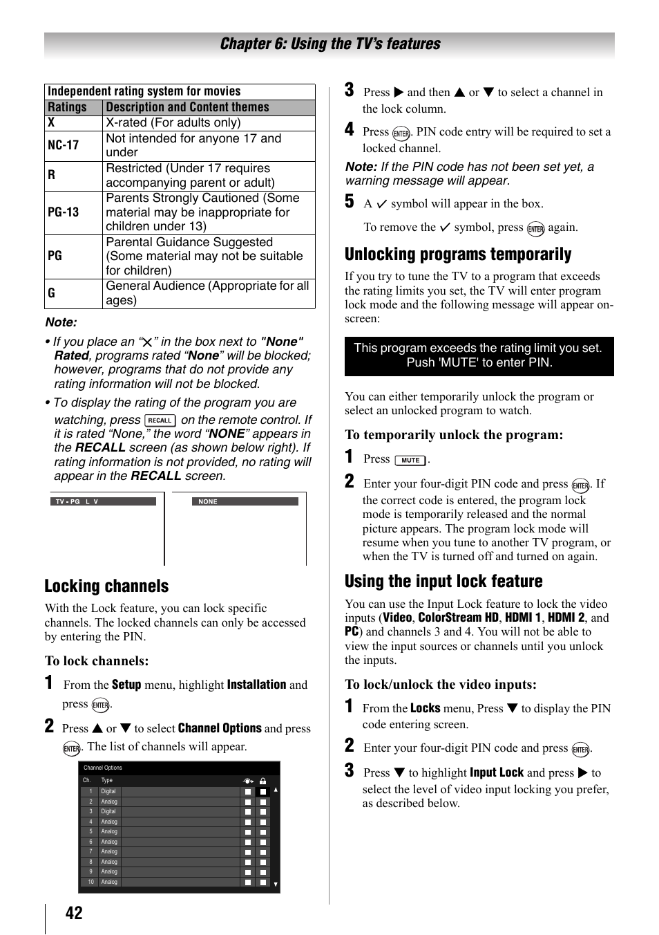 Locking channels, Unlocking programs temporarily, Using the input lock feature | Chapter 6: using the tv’s features | Toshiba 32SL410U User Manual | Page 42 / 62