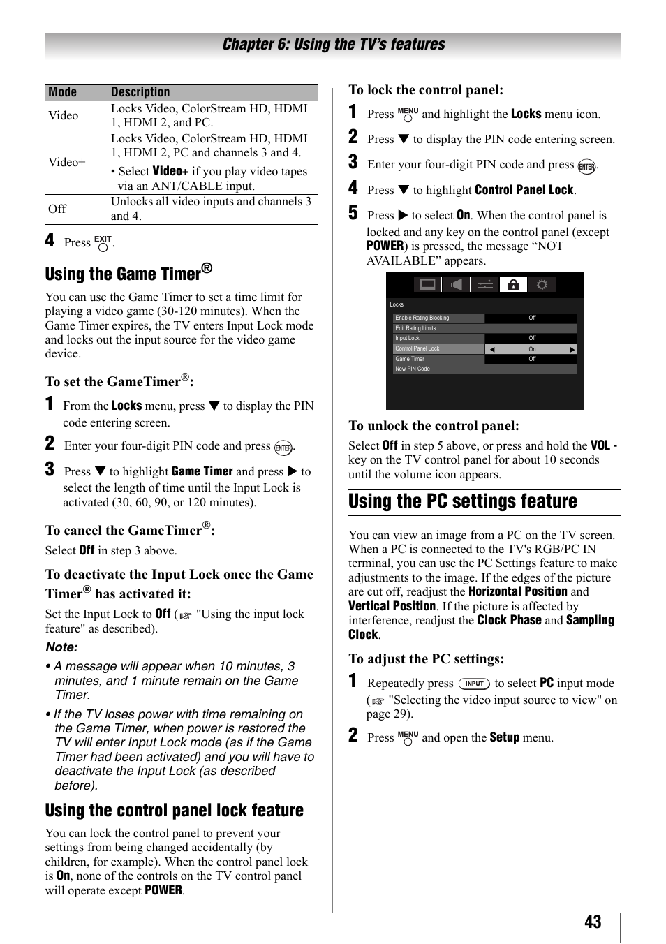 Using the game timer, Using the control panel lock feature, Using the pc settings feature | Toshiba 32SL410U User Manual | Page 43 / 62