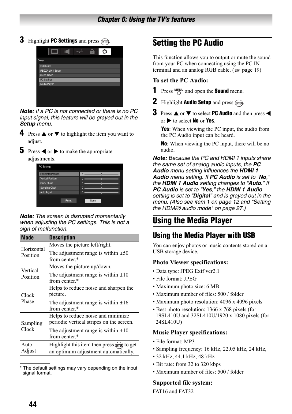 Setting the pc audio, Using the media player, Using the media player with usb | Chapter 6: using the tv’s features | Toshiba 32SL410U User Manual | Page 44 / 62