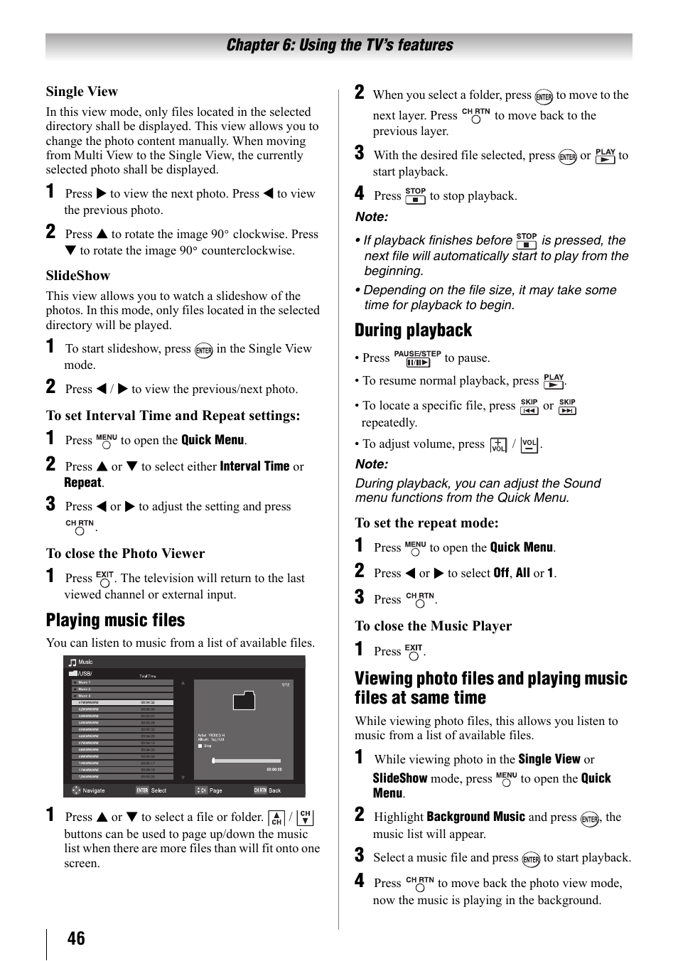 Playing music files, During playback | Toshiba 32SL410U User Manual | Page 46 / 62