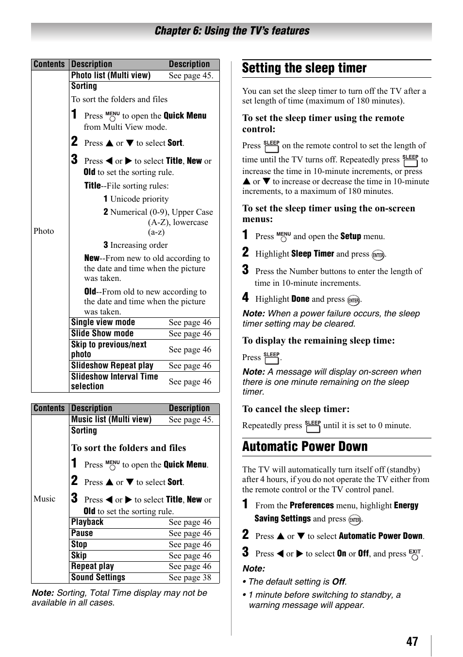 Setting the sleep timer, Automatic power down | Toshiba 32SL410U User Manual | Page 47 / 62