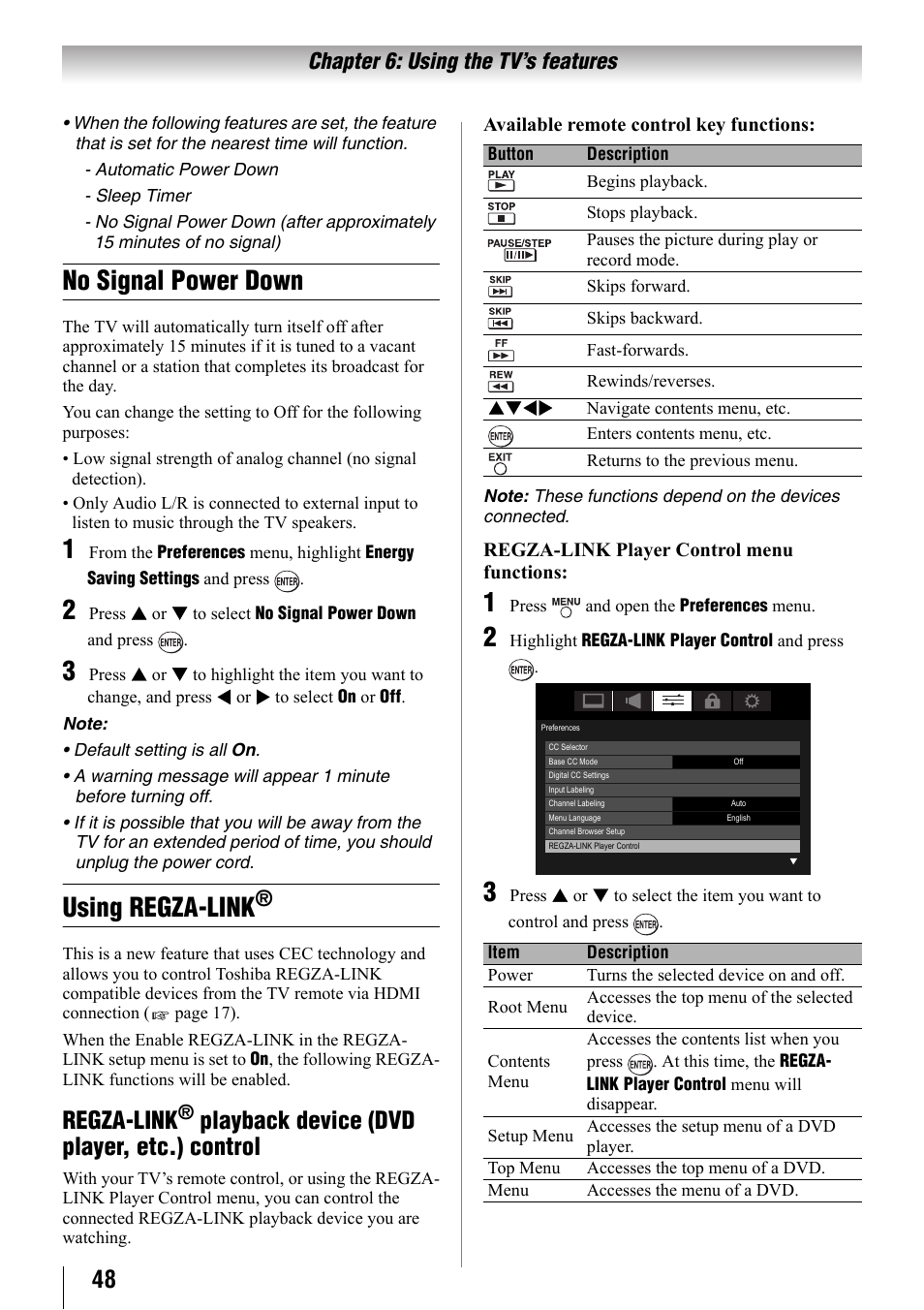 No signal power down, Using regza-link, Regza-link® playback device (dvd player, etc.) | Control, Regza-link, Playback device (dvd player, etc.) control, Chapter 6: using the tv’s features | Toshiba 32SL410U User Manual | Page 48 / 62