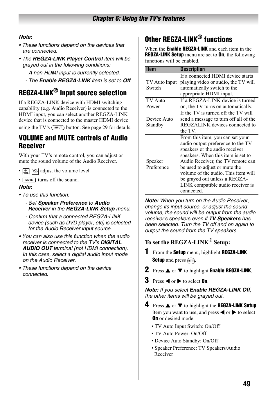 Regza-link® input source selection, Volume and mute controls of audio receiver, Other regza-link® functions | Regza-link, Input source selection, Other regza-link, Functions | Toshiba 32SL410U User Manual | Page 49 / 62