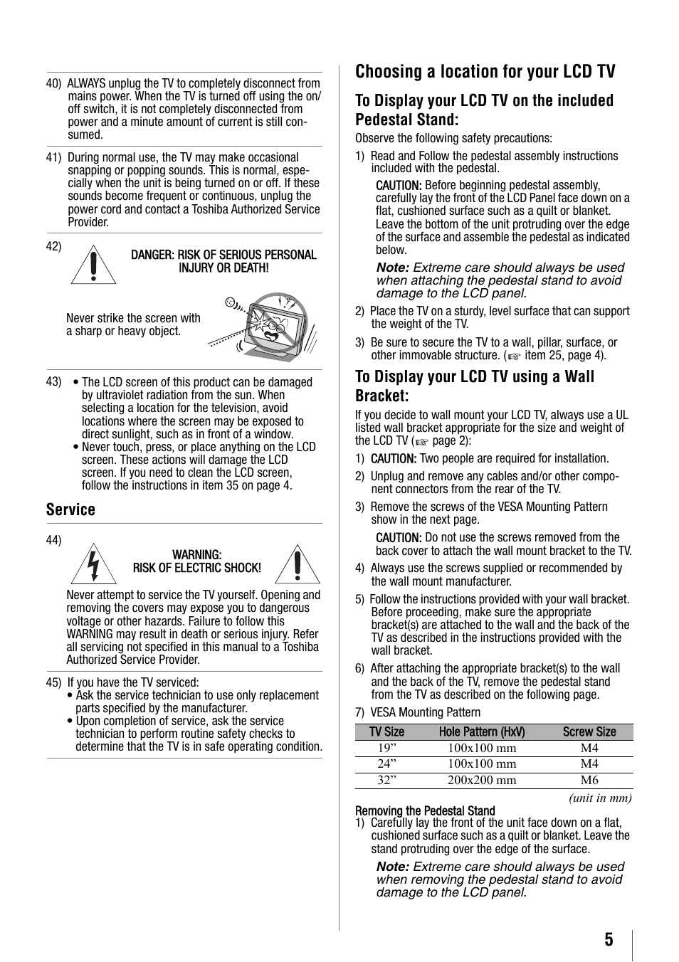 Removing the pedestal stand, Choosing a location for your lcd tv, Service | Toshiba 32SL410U User Manual | Page 5 / 62