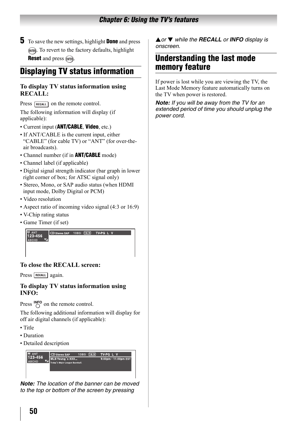 Displaying tv status information, Understanding the last mode memory feature, Ge 50 | Toshiba 32SL410U User Manual | Page 50 / 62