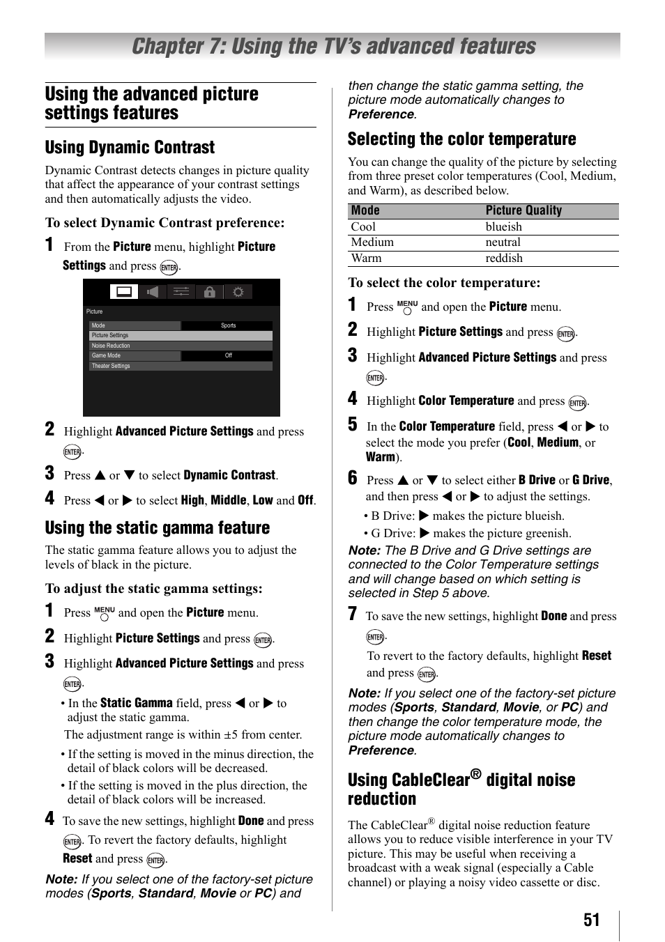 Chapter 7: using the tv’s advanced features, Using the advanced picture settings features, Using dynamic contrast | Using the static gamma feature, Selecting the color temperature, Using cableclear® digital noise reduction, Ge 51, Using cableclear, Digital noise reduction | Toshiba 32SL410U User Manual | Page 51 / 62