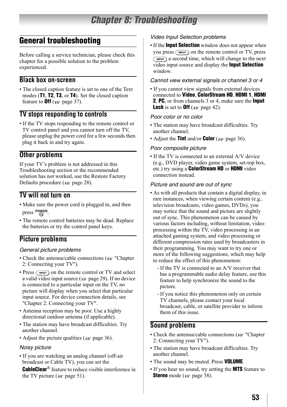 Chapter 8: troubleshooting, General troubleshooting, To "chapter 8: troubleshooting | Toshiba 32SL410U User Manual | Page 53 / 62