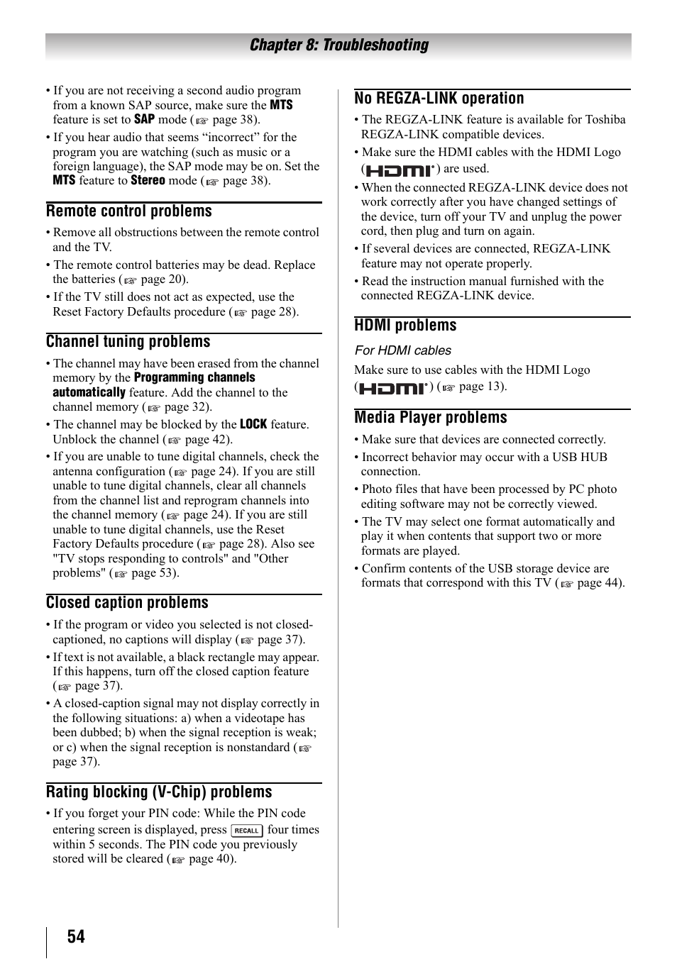 Chapter 8: troubleshooting, Remote control problems, Channel tuning problems | Closed caption problems, Rating blocking (v-chip) problems, No regza-link operation, Hdmi problems, Media player problems | Toshiba 32SL410U User Manual | Page 54 / 62