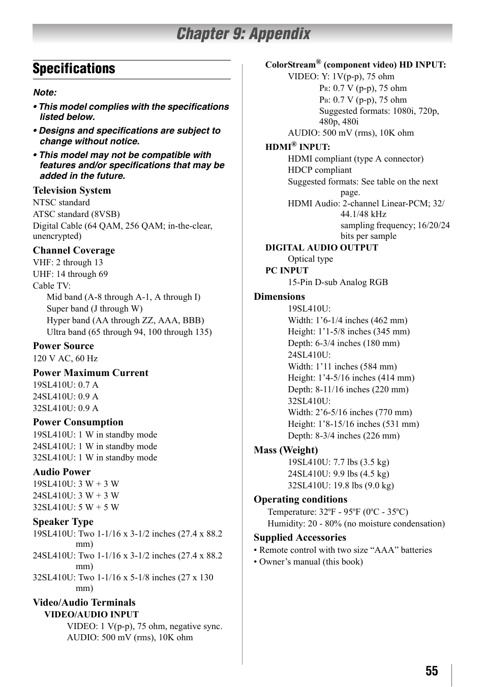 Chapter 9: appendix, Specifications | Toshiba 32SL410U User Manual | Page 55 / 62