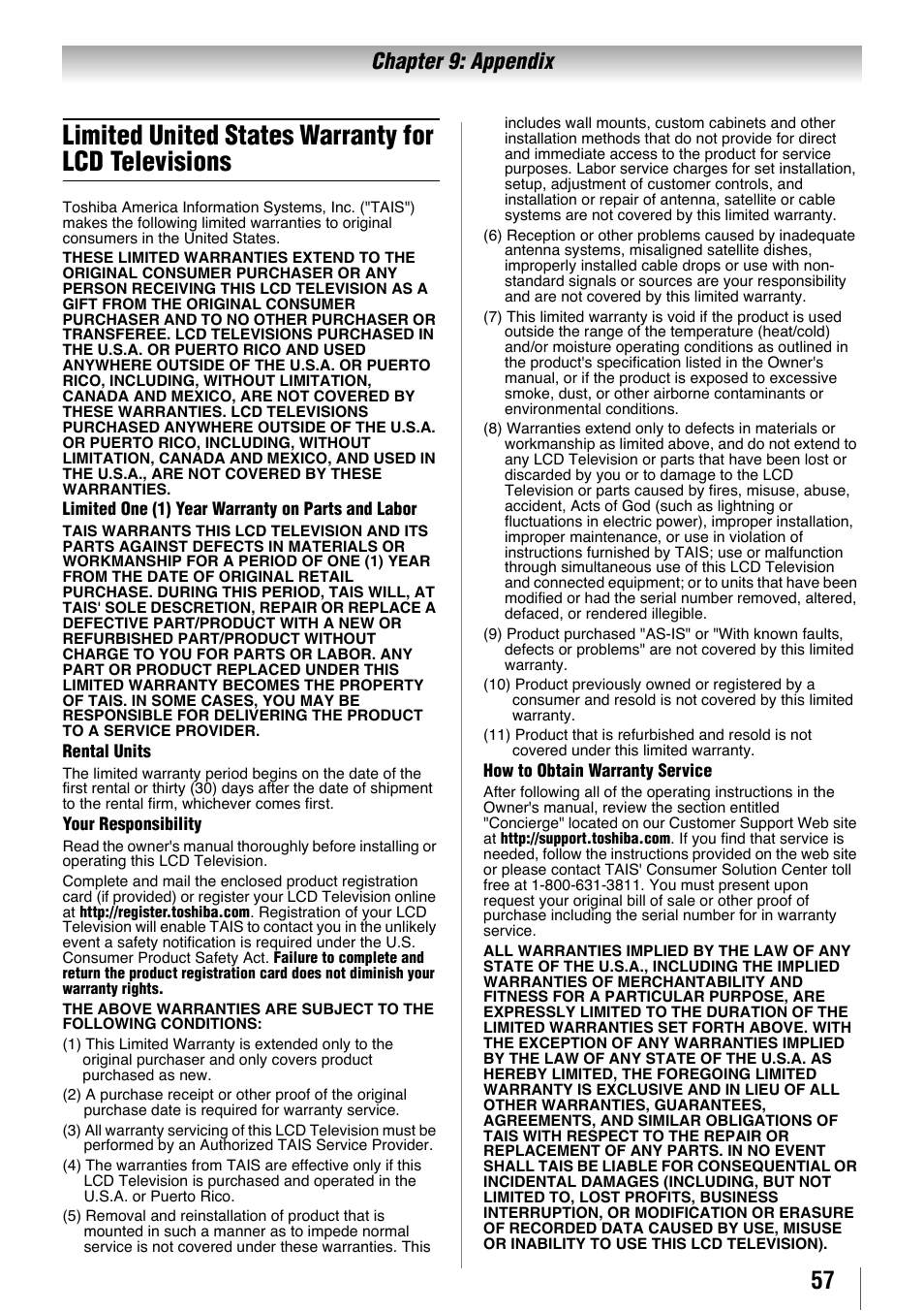Limited united states warranty for lcd televisions, Chapter 9: appendix | Toshiba 32SL410U User Manual | Page 57 / 62