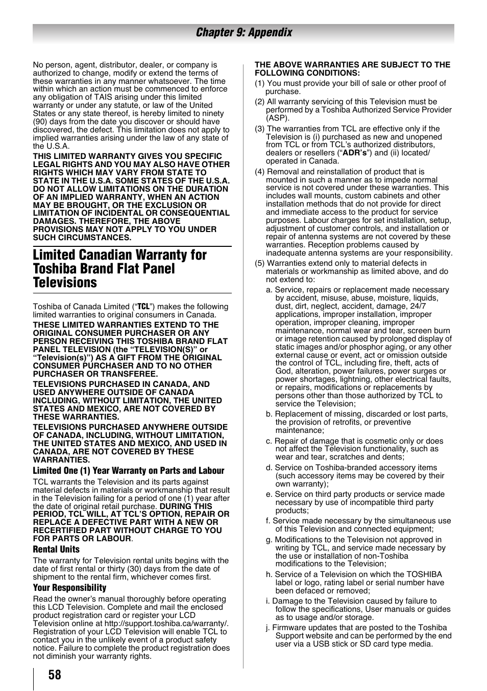 Limited canadian warranty for toshiba brand flat, Chapter 9: appendix | Toshiba 32SL410U User Manual | Page 58 / 62